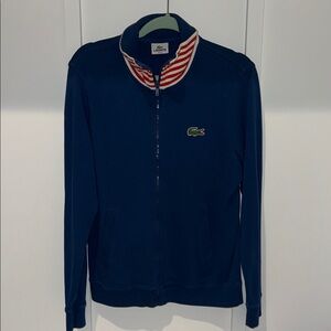 Lacoste Dark Blue Zip Up Jacket with Striped Collar